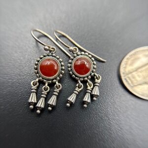 Vintage Sterling Silver Carnelian Tassel Dangle Earrings D14Q